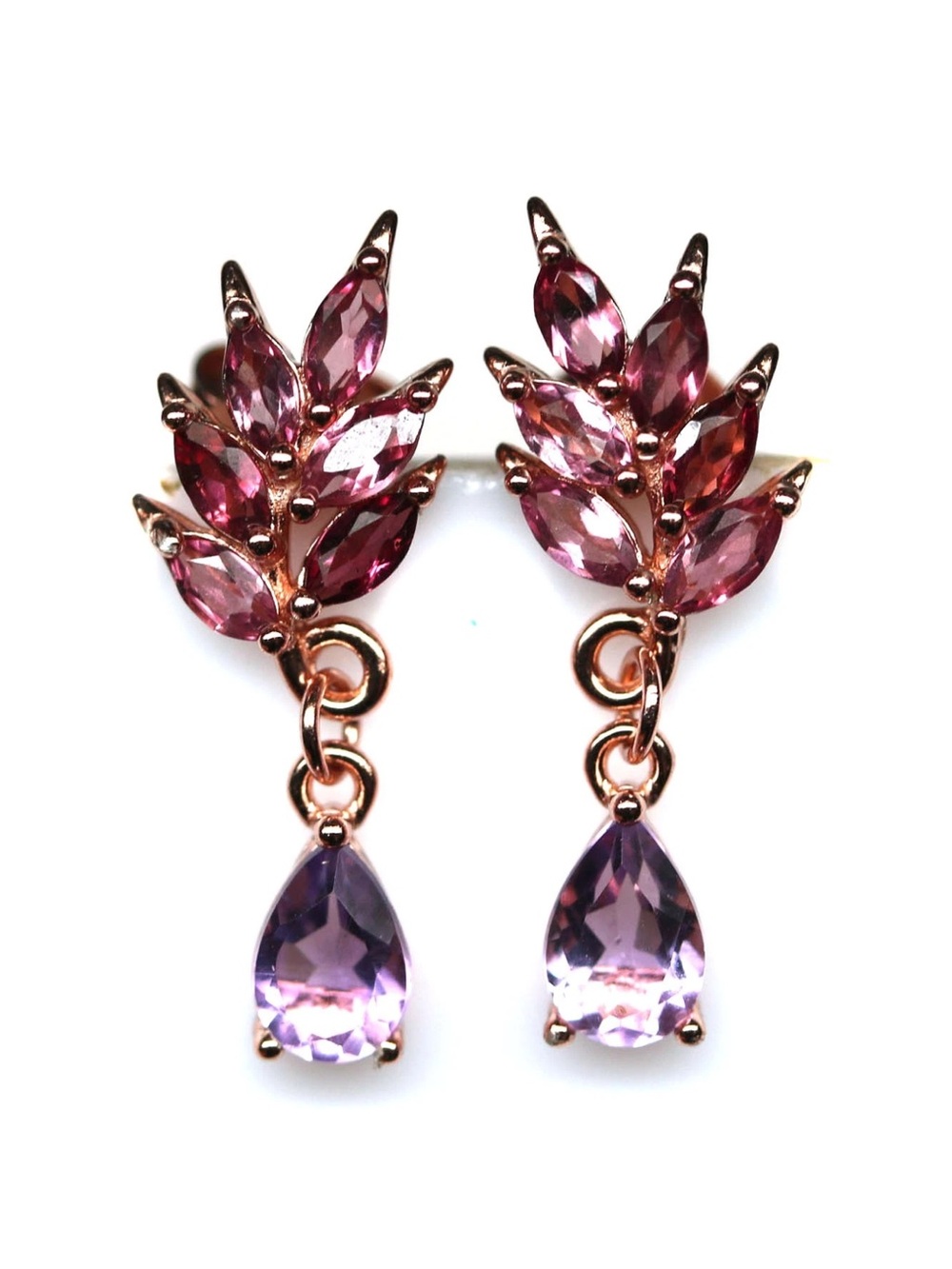 Absolutely Stunning Amethyst & Rhodolite Garnet Rose Gold 925 SS Dangle Earrings